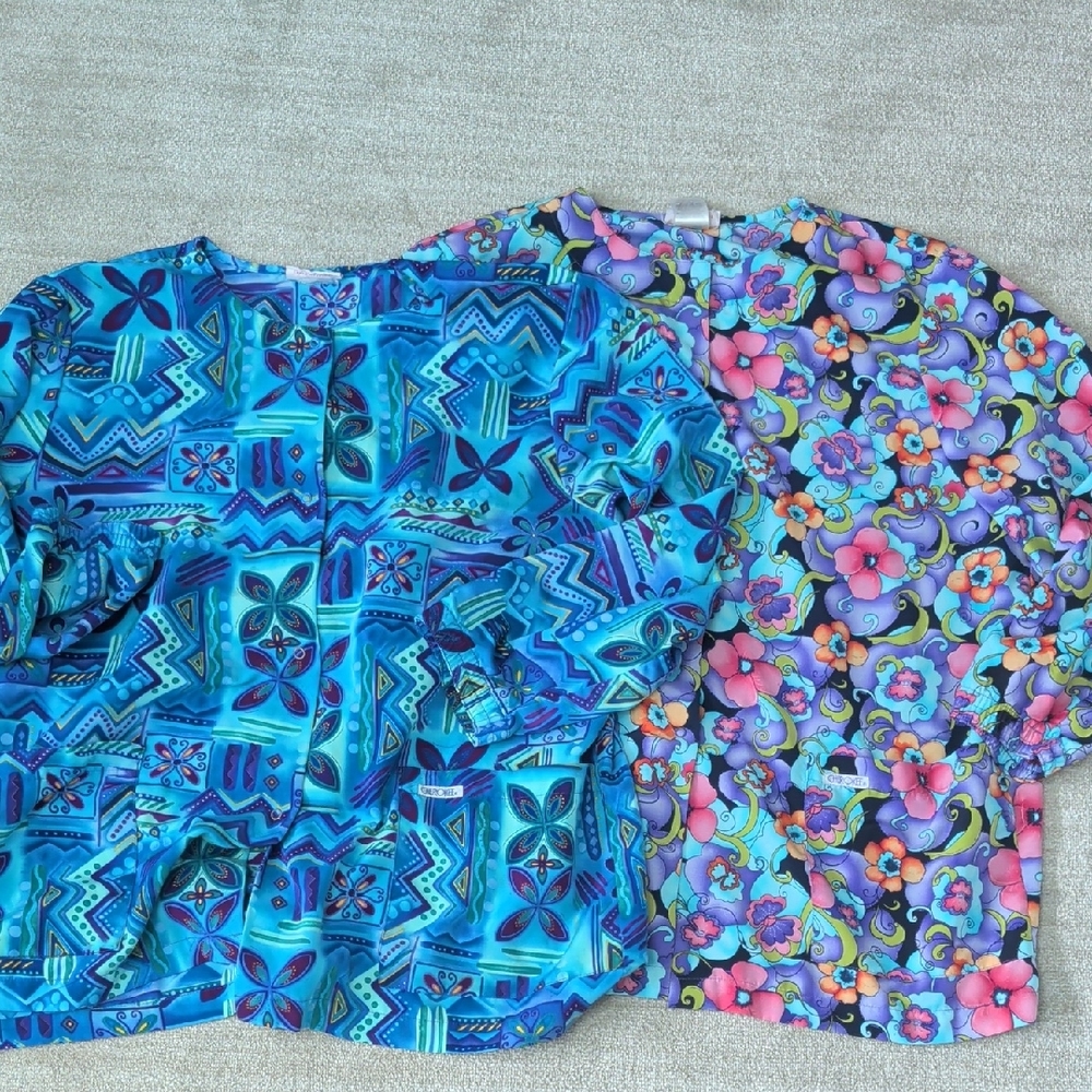 Cherokee Blue and Purple Patterned Long Sleeve Scrub Tops